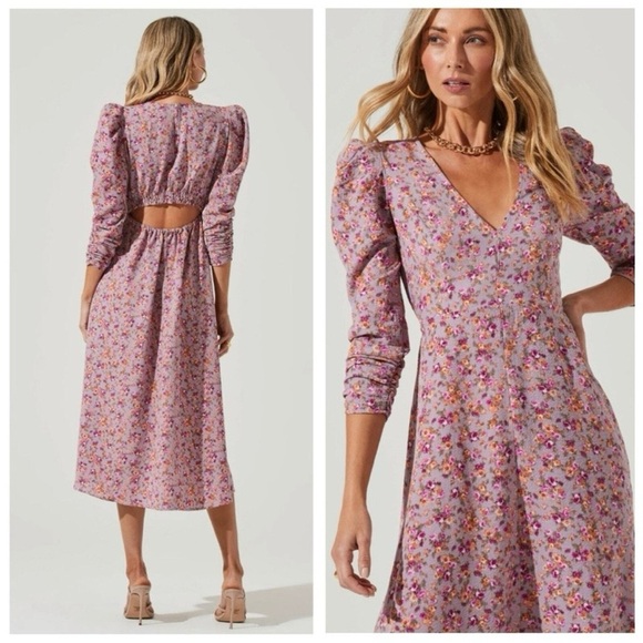 ASTR Puff Sleeve V-Neck Back Cutout Floral A-Line Midi Dress Purple Peach Large - Picture 1 of 11